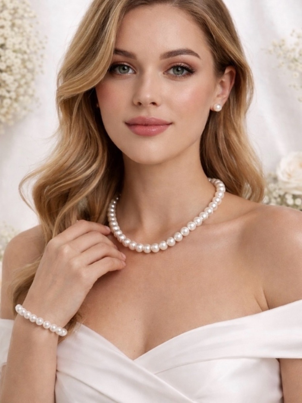 Classic Pearl Necklace and Bracelet Set - White Pearls